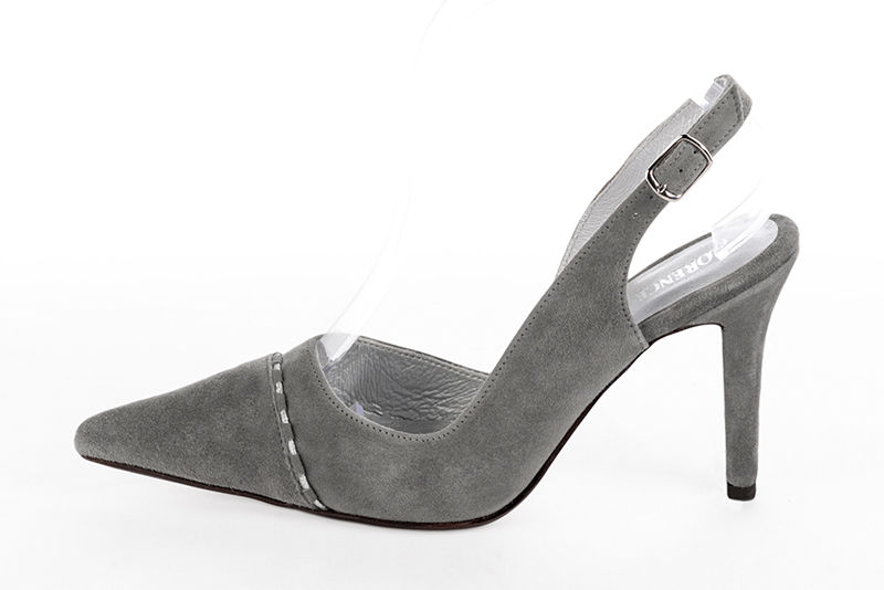 Dove grey and light silver women's slingback shoes. Pointed toe. High slim heel. Profile view - Florence KOOIJMAN